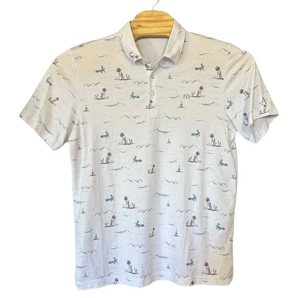Travis Mathew White Blue Desert Camping Print Performance Golf Polo Men L *LOGO* - Picture 1 of 5